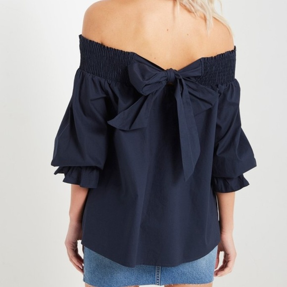 The Shepherd's Knot Tops - New Navy Blue Off Shoulder Cotton Top Bow XS S M L